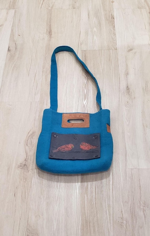 Handmade Felted Wool Tote Bag, Leather Accents, Bird Art  display picture 1