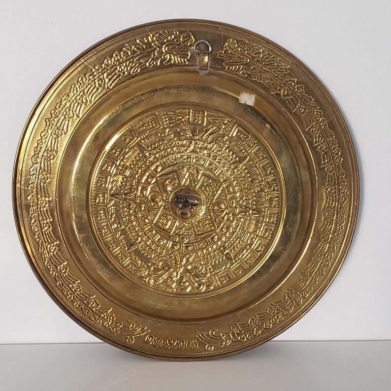 Vintage Brass Enamel Aztec Calendar Plate, Mexican Wall Decor (11 Inch ...
