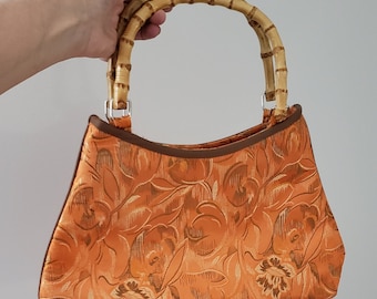 Vintage Orange and Gold Faux Silk Handbag with Bamboo Handles, Zip top handled purse, Vintage Bags, Vintage purse,