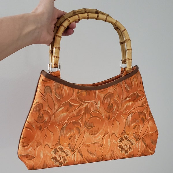 Vintage Orange and Gold Faux Silk Handbag with Bamboo Handles, Zip top handled purse, Vintage Bags, Vintage purse,