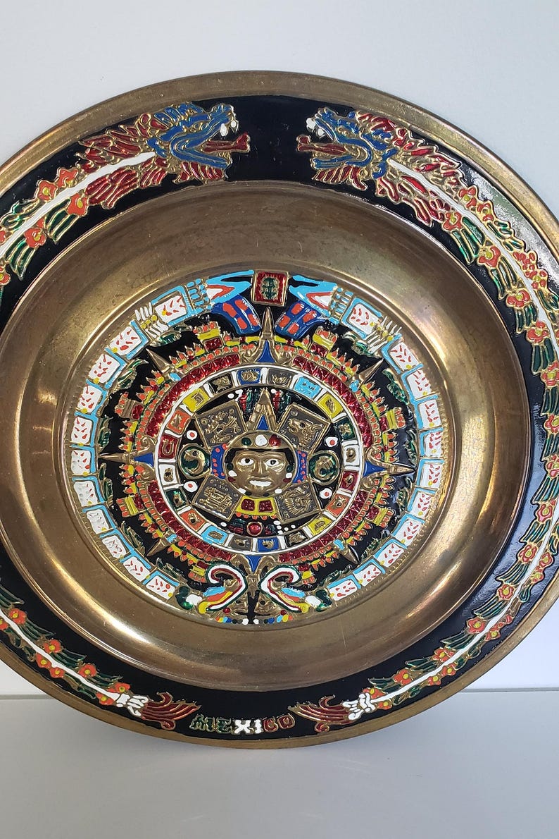 Vintage Brass Enamel Aztec Calendar Plate, Mexican Wall Decor (11 Inch ...