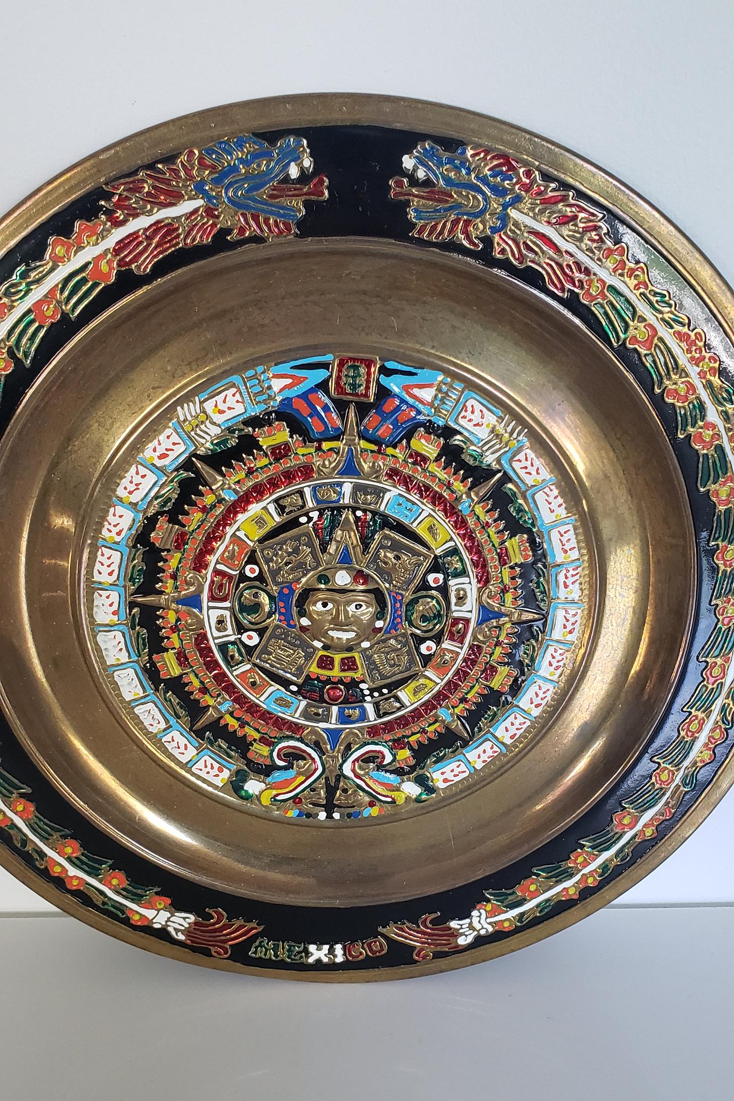 Vintage Brass Enamel Aztec Calendar Plate, Mexican Wall Decor (11 Inch ...