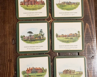 Pimpernel Coasters of Famous British Golf Clubs, Six Vintage Golf Course Coasters , 6 Made in England cork back coasters