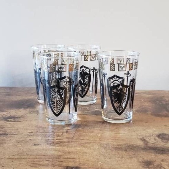 Vintage MCM Glasses Set of 4 Coat of Arms and Swords Gold Etsy