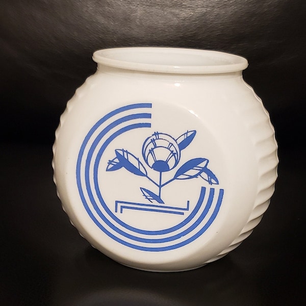 Vintage Anchor Hocking Fire King Vitrock Grease Jar,  Blue and White Milk Glass Grease Jar with Art Deco Blue Tulip Design