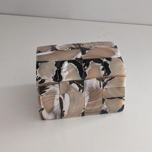 Könnte beinhalten: Eine quadratische dekorative Box mit einem Mosaikmuster. Die Box besteht aus kleinen, rechteckigen Muschelteilen in Beige-, Schwarz- und Weißtönen. Die Box steht auf einer weißen Oberfläche.