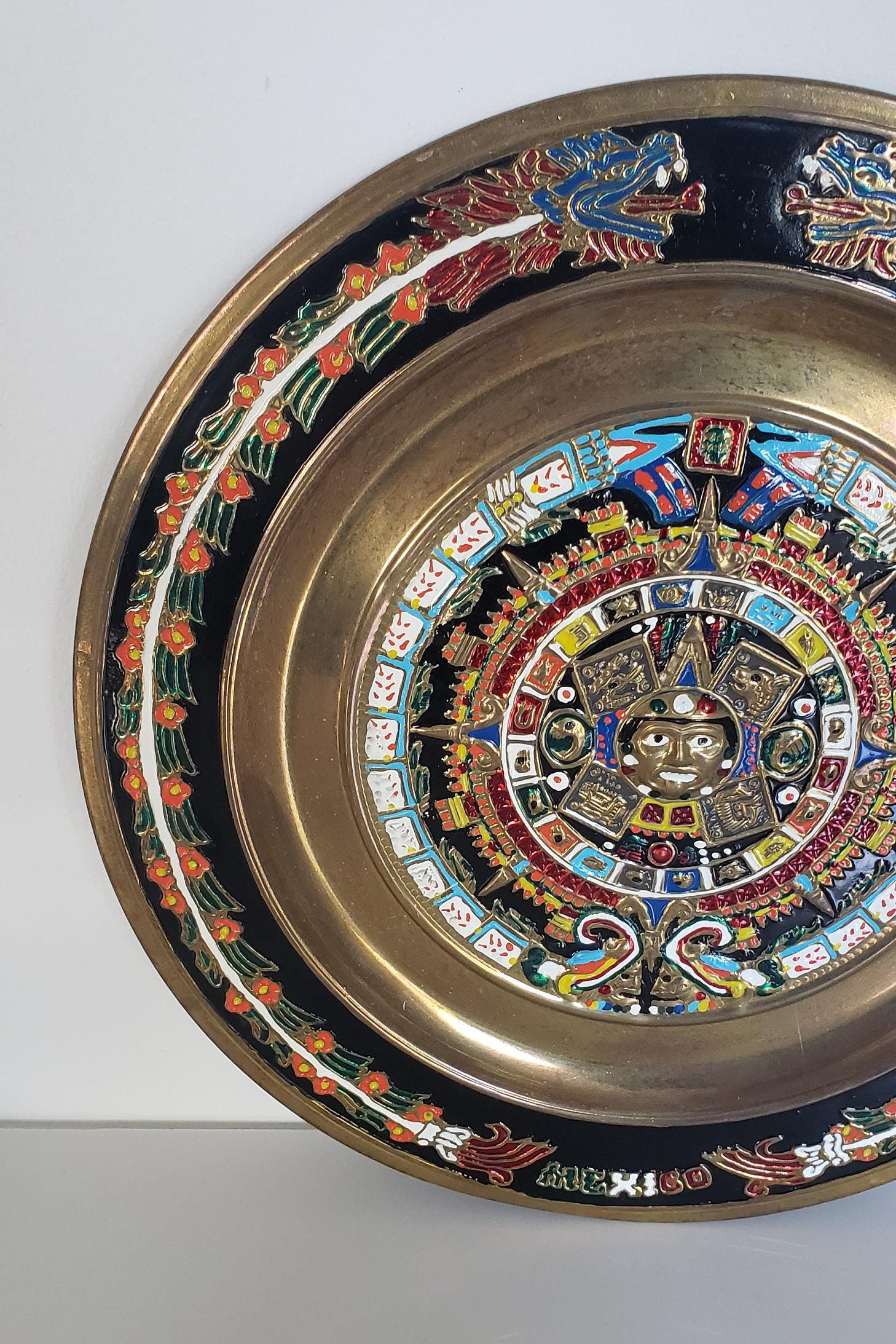 Vintage Brass Enamel Aztec Calendar Plate, Mexican Wall Decor (11 Inch ...