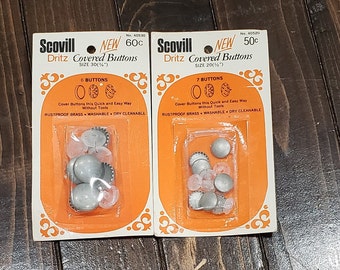 Scovill Dritz Covered Buttons, Vintage Rustbroof Brass covered buttons, two packages, two packages vintage rustproof brass covered buttons