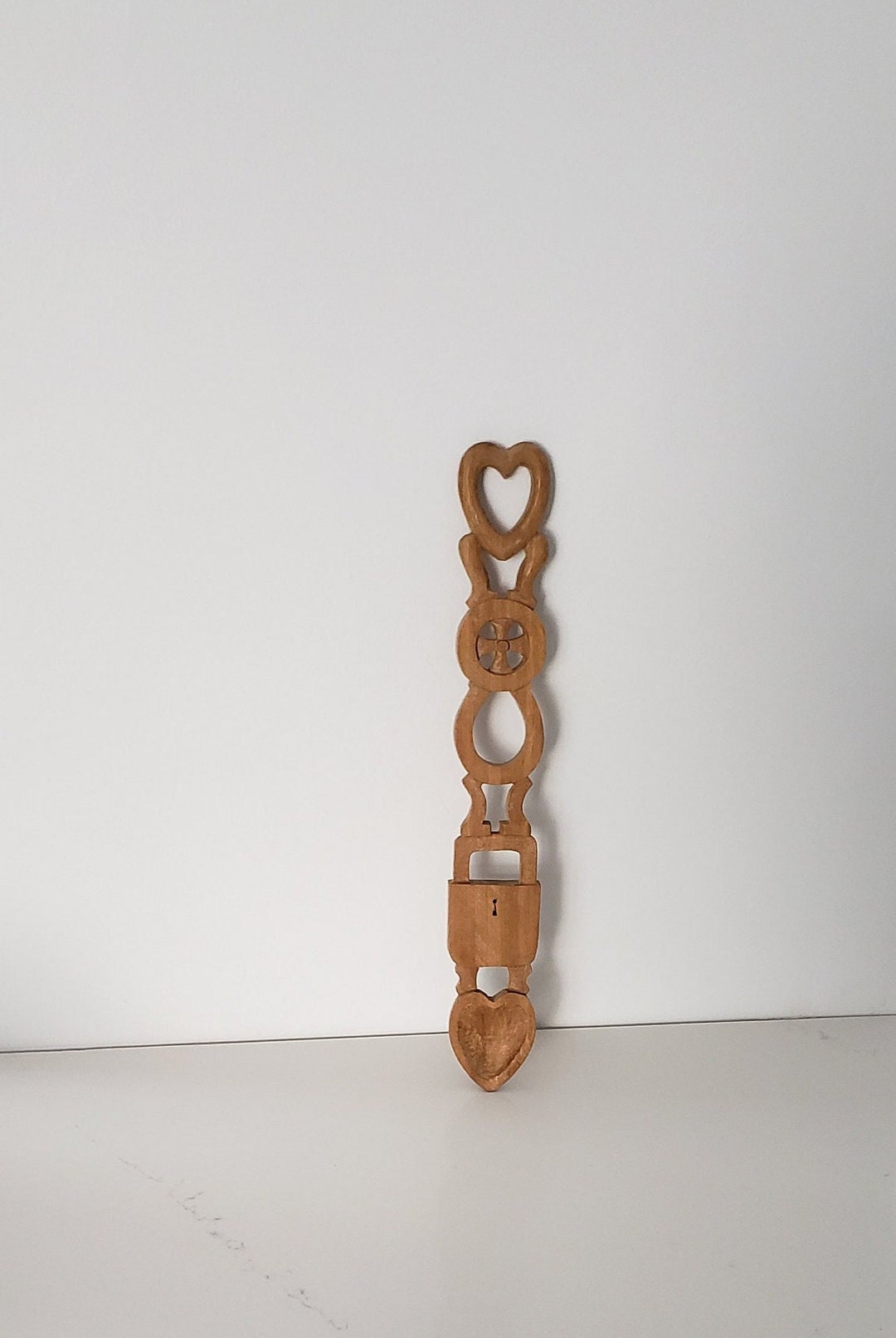 Carved Wooden Love Spoon, Welsh Lovespoon With Hearts Wheel Horseshoe ...