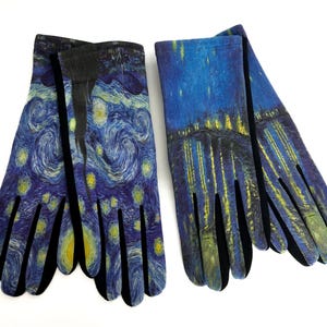 May include: A pair of gloves with a print of Van Gogh's "Starry Night" artwork. The gloves are predominantly blue with swirling patterns, yellow stars, and a black cuff. The gloves are presented against a white backdrop.