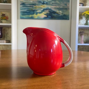Vintage Hall China Co. Red & White Ceramic Small Pitcher Jug, Chinese Red, Narrow Ice Lip, 4.75&quot; Tall, 16 oz