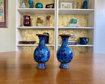 Vintage Pair of Chinese Cloisonne Cobalt Blue Floral Enamel 5" Vases