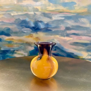 Vintage Miniature Brown Yellow Drip Glaze Mid Century Vase