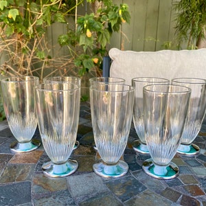 Eight Vintage Clear Glass Drinking Tumblers With Metal Footed Base, 1950s
