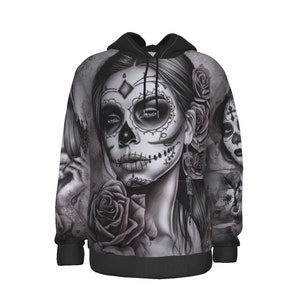 Sudadera con capucha gruesa con estampado integral del Día de los Muertos, sudadera con capucha oscura del Día de los Muertos, sudadera con capucha festiva con calavera de azúcar, sudadera con cultura mexicana
