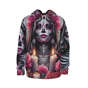 Sudadera con capucha gruesa con estampado integral del Día de los Muertos, sudadera con capucha del Día de los Muertos, sudadera con capucha festiva con calavera de azúcar, cultura mexicana