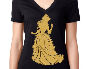 Beauty and the Beast Sparkle Glitter Design Princess Belle Women Ladies V-Neck T Shirt, Short Sleeve Shirt, Disney Inspired, Vacation Tee