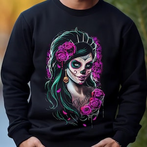 dia de los muertos sweatshirt, Colorful Sugar Skull Design, Mexican Culture Graphic sweater, Halloween Apparel, fashion apparel, unique gift