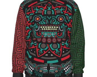 Mexikanischer Azteken-Hoodie, Schicker Tribal-Pullover, Modische Streetwear, Perfekt für Festivals und Versammlungen, Individueller Hoodie, Azteken-Kalender