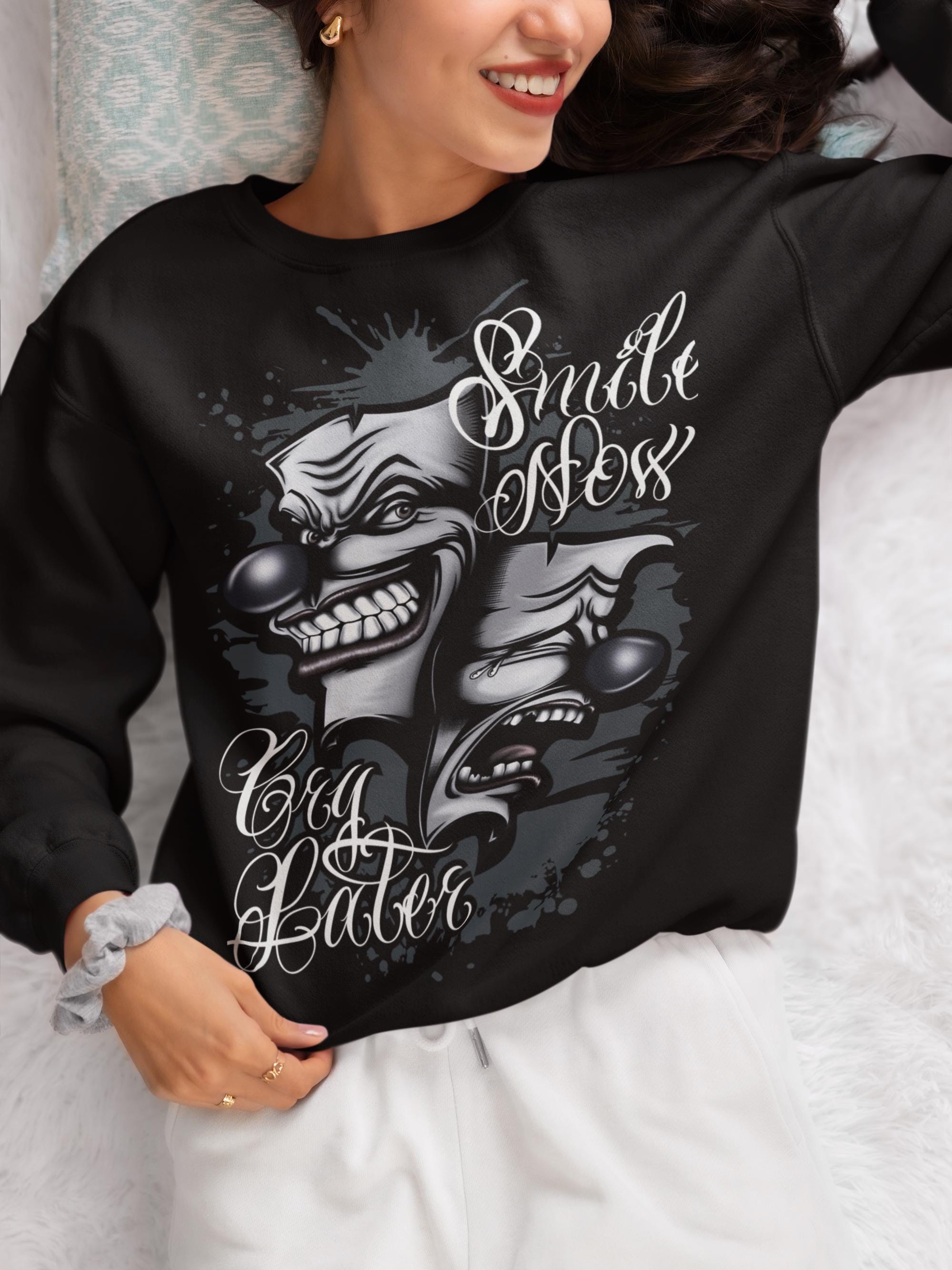 Smile Now Cry Later sweatshirt, Chicano Cholo Sweatshirt, Chicano Style sweater, Happy and Sad Theater Masks pullover sweatshirt, unisex