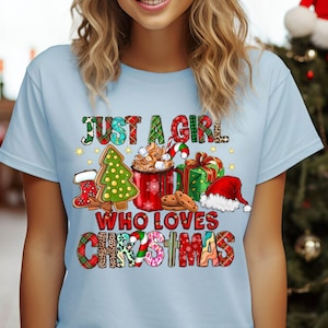 Camiseta "Just a Girl Who Loves Christmas", divertida camiseta navideña, regalo de Navidad para ella, linda camiseta navideña, regalo perfecto para Navidad, ropa navideña