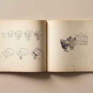 May include: An open book with illustrations. One page displays line drawings of hats and faces. The facing page shows two chickens and a framed drawing of chicken silhouettes. The book's pages have a sepia tone, suggesting age.