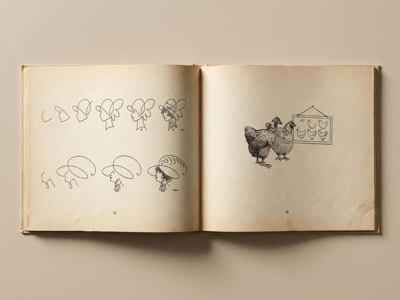 May include: An open book with illustrations. One page displays line drawings of hats and faces. The facing page shows two chickens and a framed drawing of chicken silhouettes. The book's pages have a sepia tone, suggesting age.