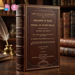 May include: A vintage, leather-bound book titled "The Occult Sciences, The Philosophy of Magic" by Eusebe Salverte. The book is dark brown with gold lettering and detailing. The book is from 1847, published in New York.