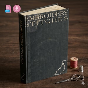 May include: A vintage book titled "Embroidery Stitches" with a dark cover, standing upright on a wooden surface. Beside the book are a spool of red thread, a thimble, and small ornate scissors, suggesting a sewing or embroidery theme.