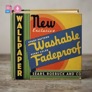 Könnte beinhalten: Ein Vintage-Tapetenkatalog mit gelbem Einband. Auf dem Cover stehen die Worte "New Exclusive" und "Washable Fadeproof". Auf dem Buchrücken steht "Wallpaper". Das Logo von Sears, Roebuck and Co. ist sichtbar.