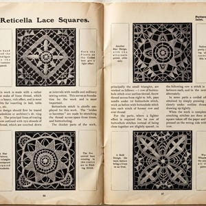 May include: An open book page titled Reticella Lace Squares featuring four black and white illustrations of square lace patterns. The text provides instructions for needlework techniques, including buttonhole stitches and corded effects for lace.