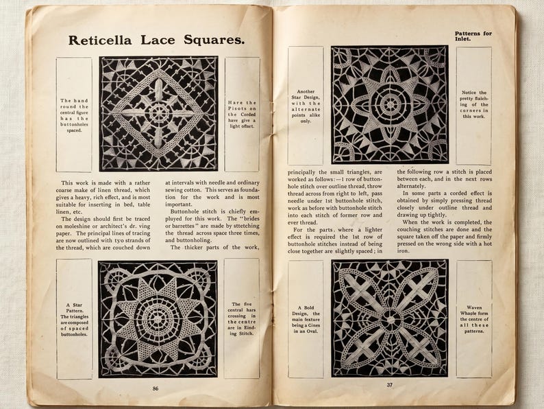 May include: An open book page titled Reticella Lace Squares featuring four black and white illustrations of square lace patterns. The text provides instructions for needlework techniques, including buttonhole stitches and corded effects for lace.