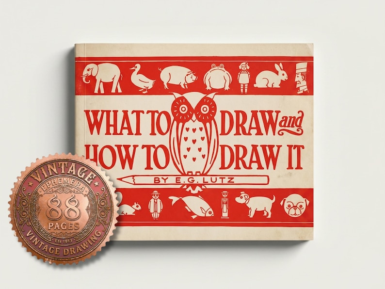 May include: A vintage book titled "WHAT TO DRAW and HOW TO DRAW IT" by E.G. Lutz. The cover features red illustrations of animals and an owl, with red text. A vintage ephemera seal is also present.