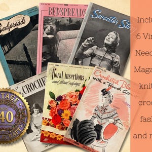 May include: A selection of six vintage Needcraft magazines, showcasing knitting, crochet, and fashion designs. The covers feature titles like "Bedspreads" and "Sweater Story." A vintage seal reads "Vintage Pages 140 Needcraft."