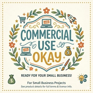 May include: An illustrated design with the text "COMMERCIAL USE OKAY" in teal and gold. The image features a laptop with "sale" on the screen, a money bag, a rocket, and floral elements. The bottom text reads "READY FOR YOUR SMALL BUSINESS!"