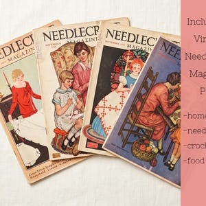 May include: Four vintage Needlecraft magazines with colorful illustrations. The covers feature women and children engaged in needlework and home decor activities. The magazines are from October and November 1928, and September 1928.