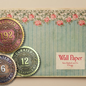 以下が含まれることがあります： 花柄のデザインと「Wall Paper」の文字が入った、ヴィンテージの壁紙サンプルブック。この本は、「Wallpaper 192 Pages Samples」、「Curated 16 Graphics」、「Curated 12 PNG Clipart Graphics」と書かれた3つの円形シールで飾られています。