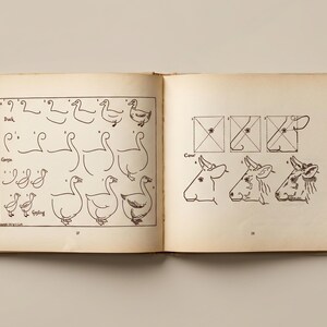 May include: An open book displaying vintage illustrations. One page has step-by-step drawings of ducks and geese, labelled "Duck" and "Goose". The facing page shows cow head drawings, labelled "Cow". The book has aged, yellowed pages.