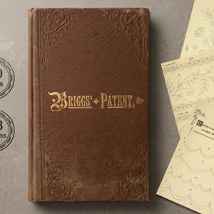 May include: A vintage brown book with gold lettering that reads "Briggs + Patent" and decorative corner designs. The book is accompanied by several cream-colored pattern sheets. Two circular stamps indicate 210 pages and 243 patterns.