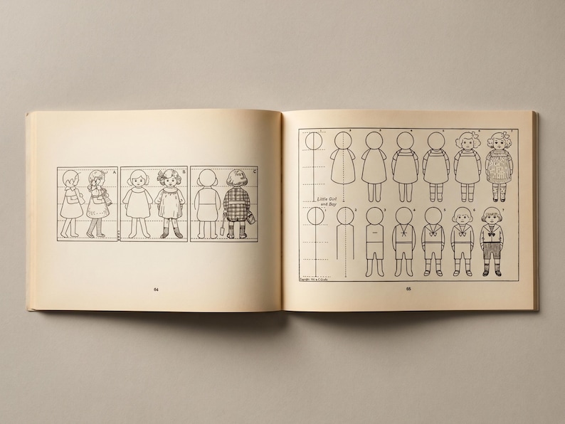 May include: An open book featuring illustrations of children's figures. The left page displays figures in various outfits, while the right page provides step-by-step drawing instructions. The drawings are in black and white.