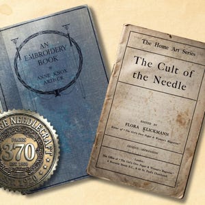 May include: Two vintage books, "An Embroidery Book" and "The Cult of the Needle," are displayed with a metallic "Vintage Needlecraft" emblem. The books have aged covers with text. The emblem shows the number "370" and the text "Est. 1920".