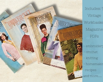 Paquete de revistas vintage The Workbasket & Home Arts de los años 60 y 70: manualidades vintage, recetas, anuncios y consejos para el hogar (descarga digital).
