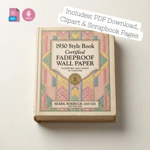 Könnte beinhalten: Ein Vintage-Buch mit dem Titel "1930 Style Book Certified FadeProof Wall Paper" mit einem dekorativen Einband mit geometrischen Mustern in Rosa, Blau, Gelb und Grün. Das Buch enthält den Text "Sears, Roebuck and Co., New York".