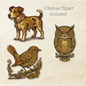 May include: Digital clipart set featuring a dog, owl, and bird, each with floral and swirl patterns in brown, yellow, and green. The text "3 Bonus Clipart Included" is visible. Suitable for digital art projects.