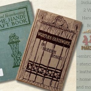 Puede incluir: Dos libros de manualidades vintage. Uno es azul claro con el título "The Good Housekeeping Home Handicraft Book". El otro es de color canela con el título "Woman's Handiwork in Modern Homes". La imagen también incluye el texto "446 páginas en total."
