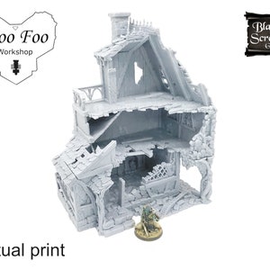 May include: A 3D printed model of a ruined building with a gray finish. The building is open on all sides, revealing the interior. The model is made by Woo Foo Workshop and is part of the Black Scrolls Games line.