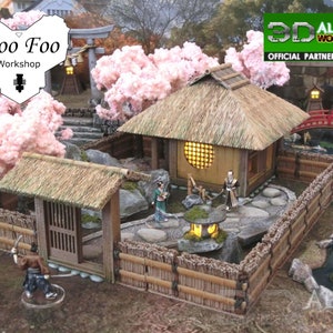 May include: A detailed miniature Japanese village scene featuring a traditional house, bridge, and gate. The scene includes miniature figures, a pond, and cherry blossom trees. The image includes the text "Woo Foo Workshop" and "3D Alien Worlds Official Partner Shop".