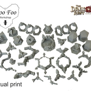 May include: A collection of gray, 3D-printed miniature architectural elements and structures. The image includes various shapes, including geometric forms, arches, and decorative pieces. The text "Actual print" is visible at the bottom of the image.