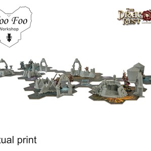 May include: A tabletop gaming terrain set featuring various gray structures, including arches, towers, and rocky formations, arranged on hexagonal tiles. The set includes miniature figures. The text "Woo Foo Workshop" and "The Dragon's Rest" are visible.