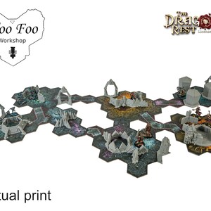 May include: A modular tabletop gaming terrain set with hexagonal tiles and miniature figures. The set features gray structures and colorful, detailed tile patterns. The text "Actual print" is visible at the bottom of the image.